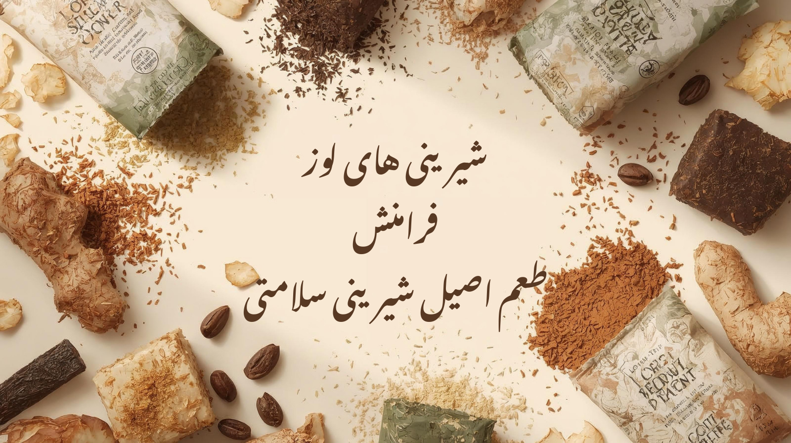 شیرینی لوز نارگیلی رژیمی بدون قند و گلوتن فرامنش در طعمهای متنوع روی پسزمینه روشن
