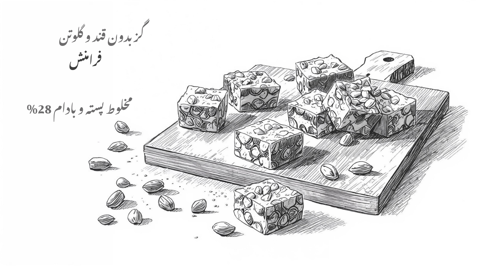 گز بدون قند و گلوتن فرامنش با مغز پسته و بادام بر روی میز چوبی