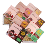 سوهان پولکی بدون قند و گلوتن ۱۲۰ گرمی در طعم‌های متنوع روی پس‌زمینه تیره