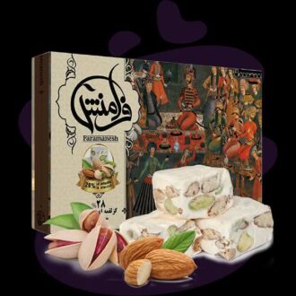 گز سنتی با عسل مخلوط ۲۸٪ پسته و بادام، با شکر قهوه‌ای، بدون گلوتن — فرامنش